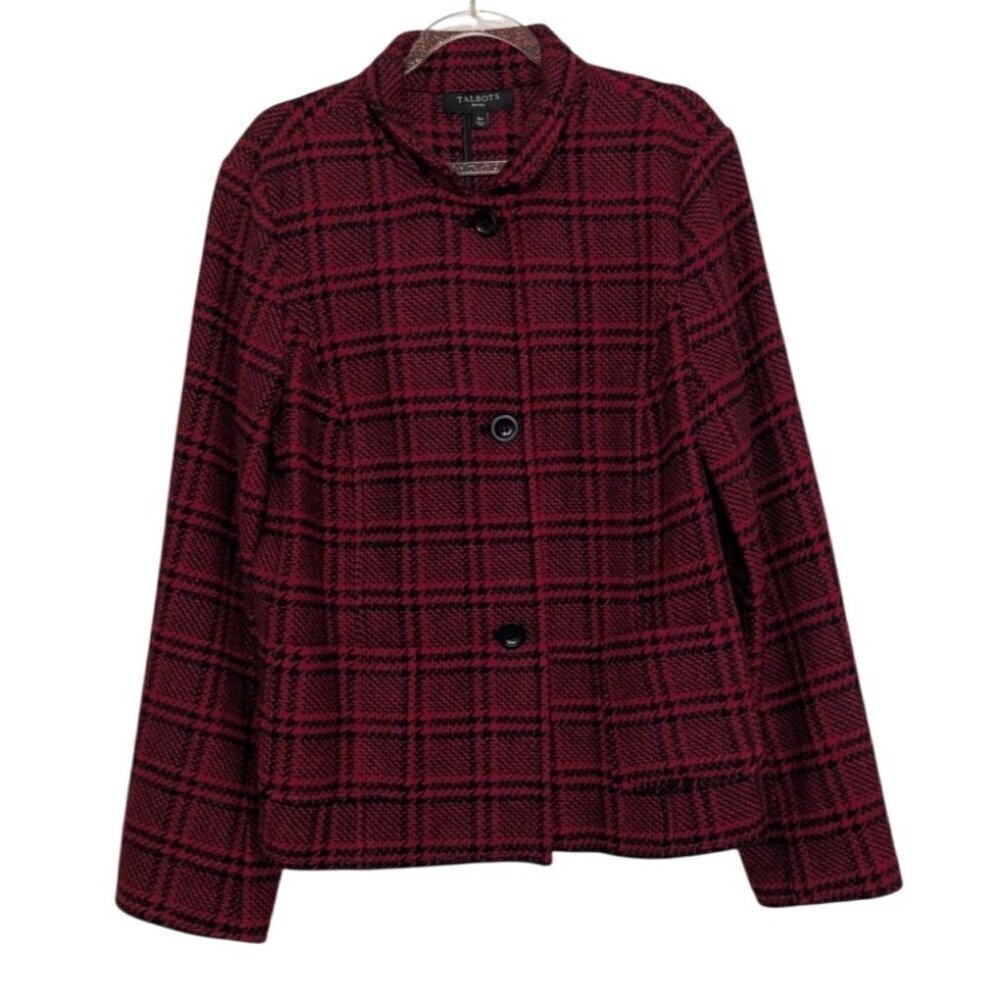 Talbots Glen Plaid Jacket Womens Petite Size 16 Black Red Knit Wool Blend